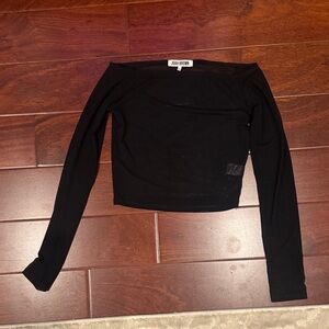 Joah Brown Black Off-Shoulder Sheer Long Sleeve Crop Top